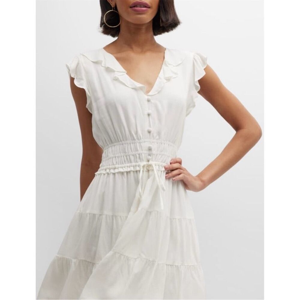 NWOT PAIGE Women's XL White Paradis Tiered Ruffle Mini Dress V-Neck‎